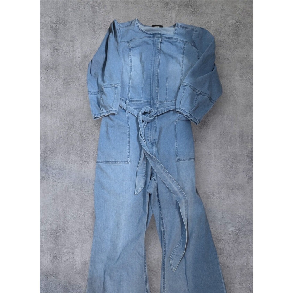 Lane Bryant blue jean romper 24S 24 short belted waist zip front wide leg 3/4slv - Picture 3 of 15